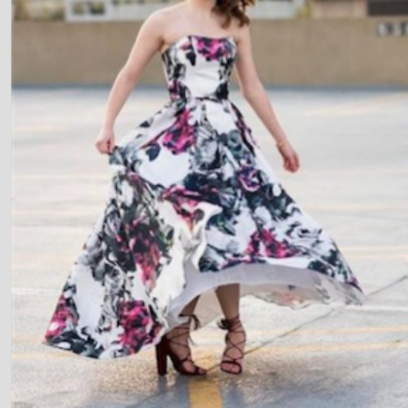 Betsy and Adam High-Low Floral Satin Ball Gown - Picture 2 of 3